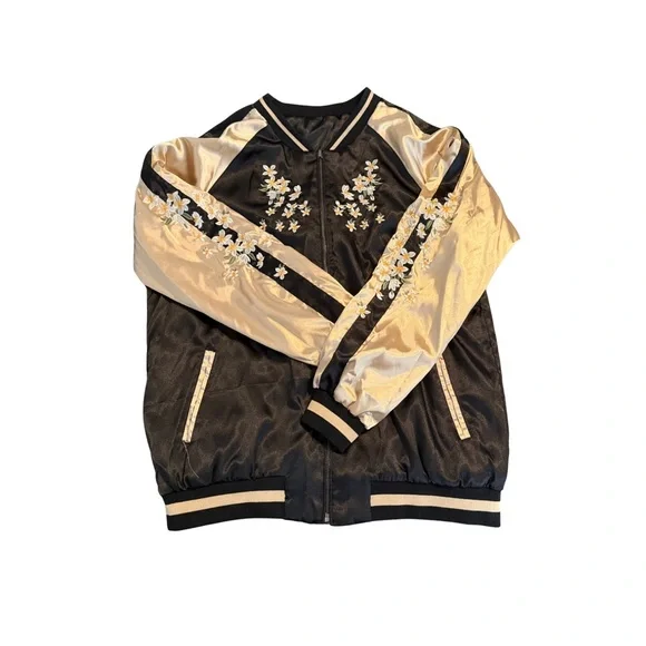 Black and Gold Women's Reversible Bomber Jacket with Japanese Style Embroidery - Picture 4 of 9